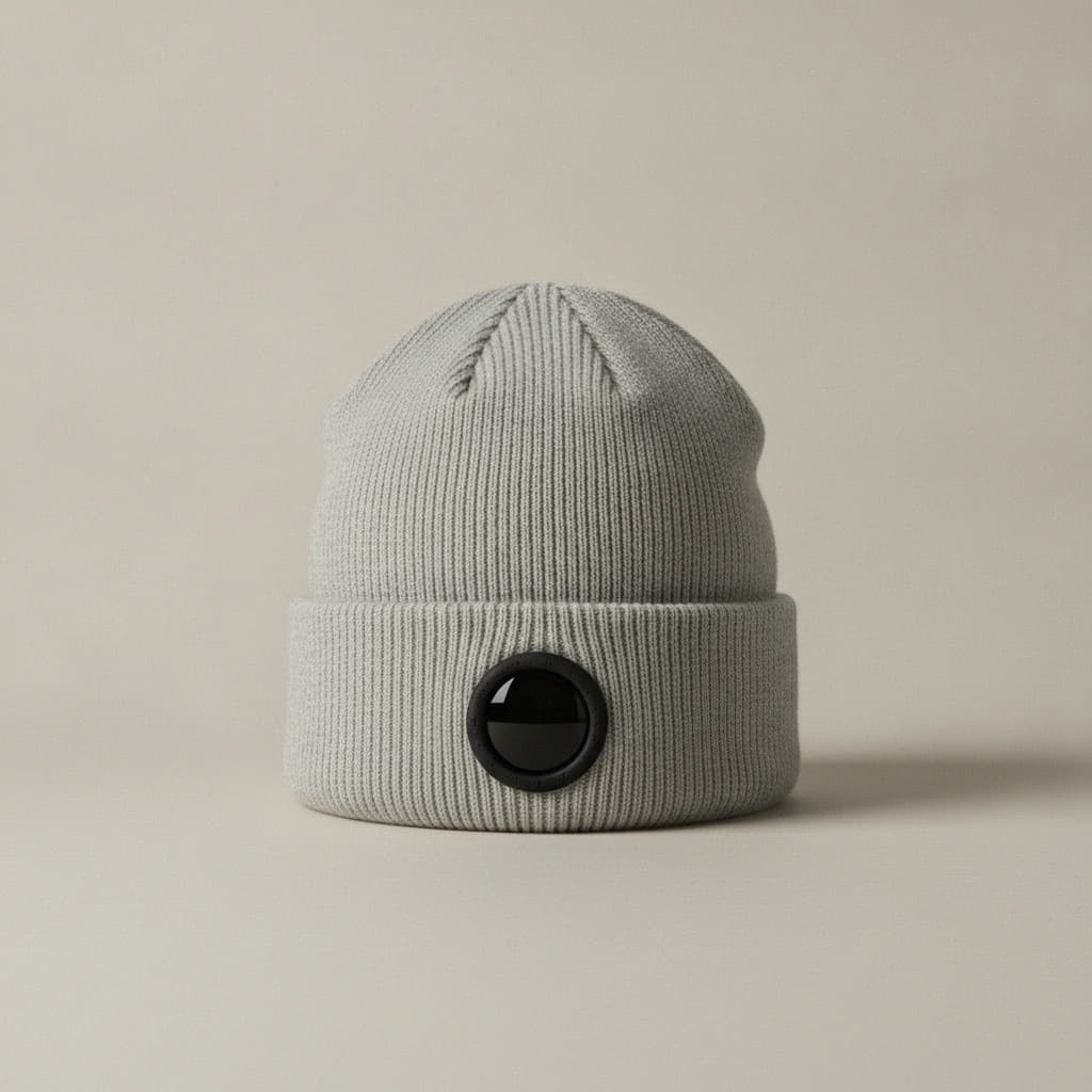 C.P. Company bonnet Lens gris, posé debout de trois quarts, lentille devant.