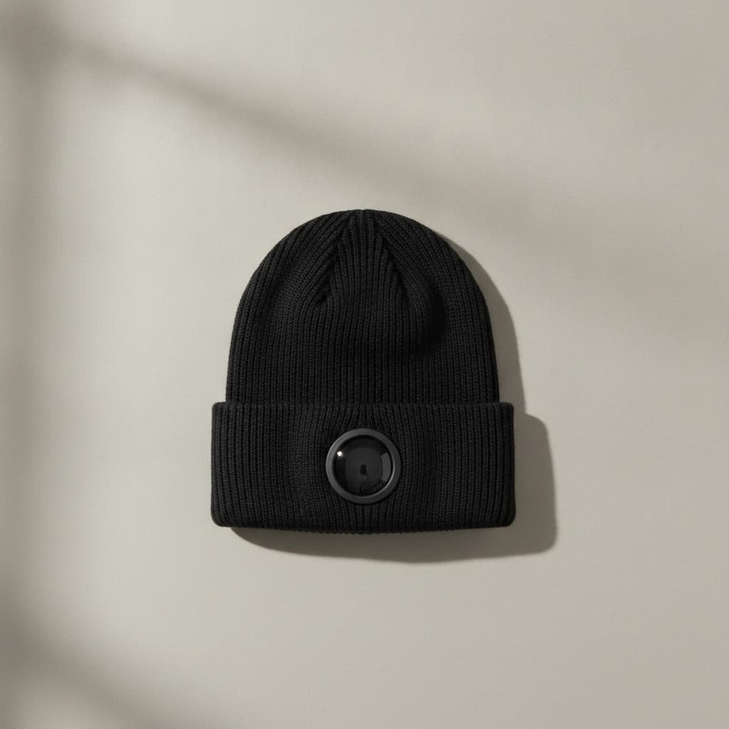 C.P. Company bonnet Lens noir, posé debout de trois quarts, lentille devant.