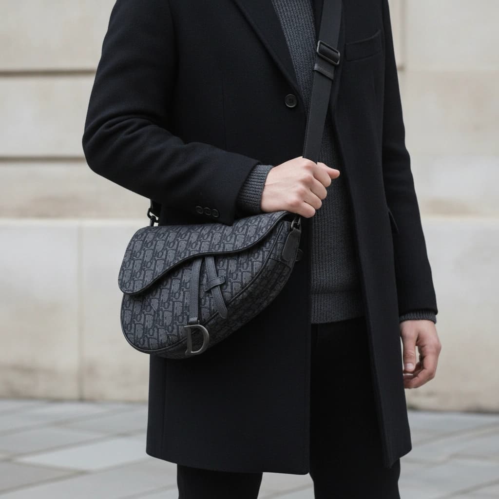 Dior Saddle Bag Oblique noir, porté en bandoulière sur un manteau noir, cadré sans visage.