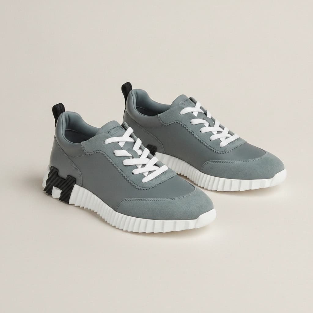 Hermès Bouncing gris-bleu, la paire vue de trois quarts sur fond gris clair.