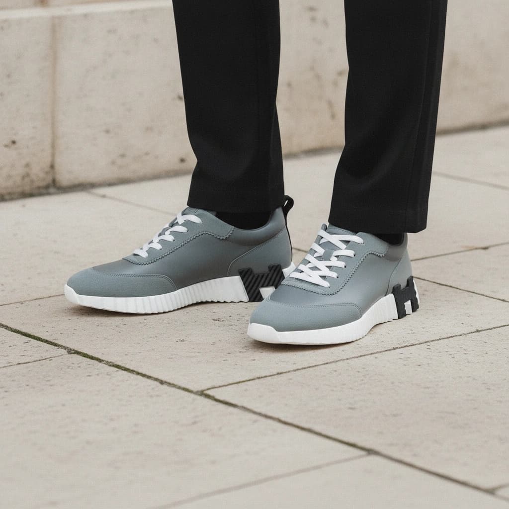 Hermès Bouncing gris-bleu, portées avec un pantalon noir, cadrées des mollets au sol.