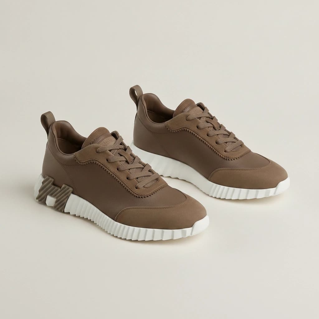 Hermès Bouncing marron, la paire vue de trois quarts sur fond gris clair.