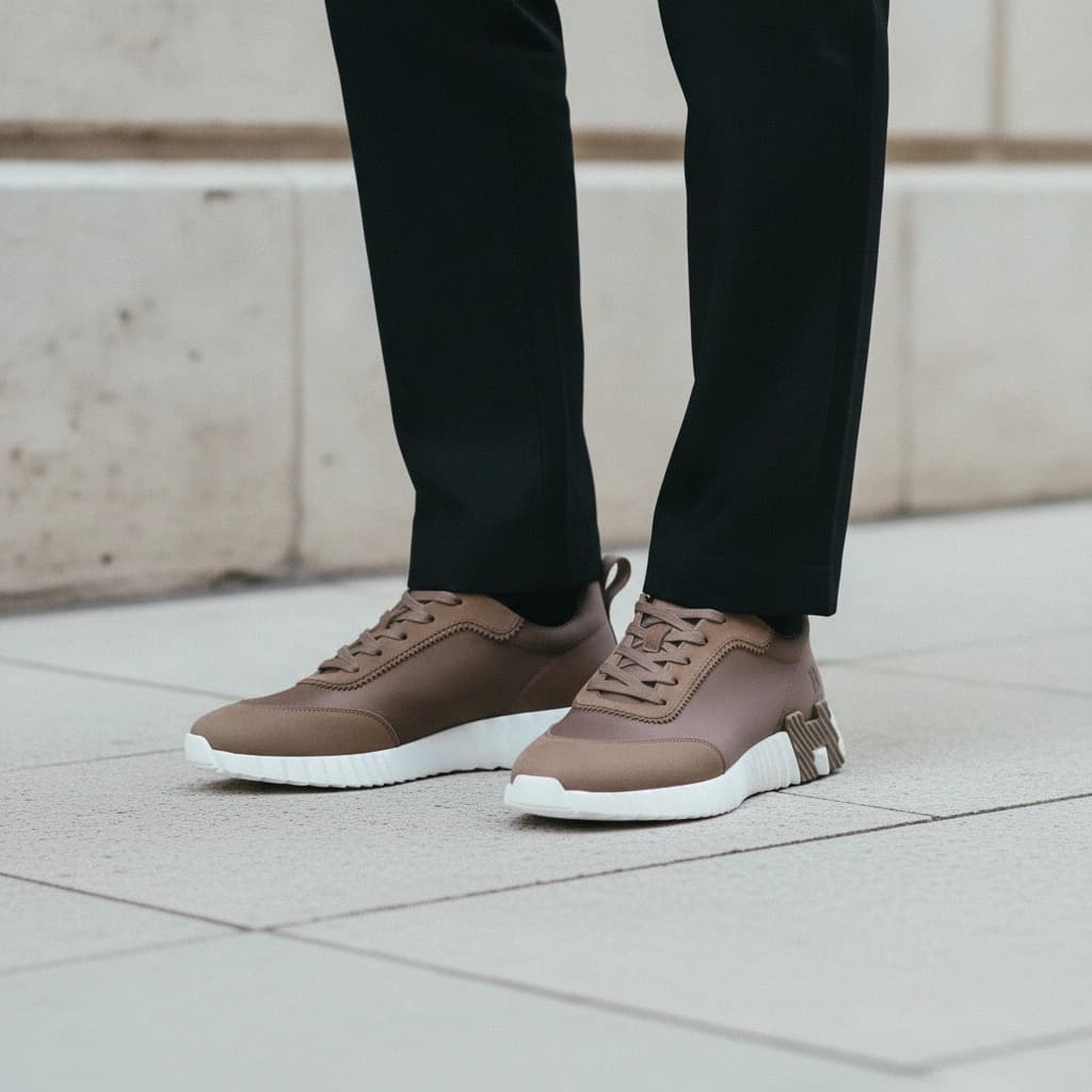 Hermès Bouncing marron, portées avec un pantalon noir, cadrées des mollets au sol.