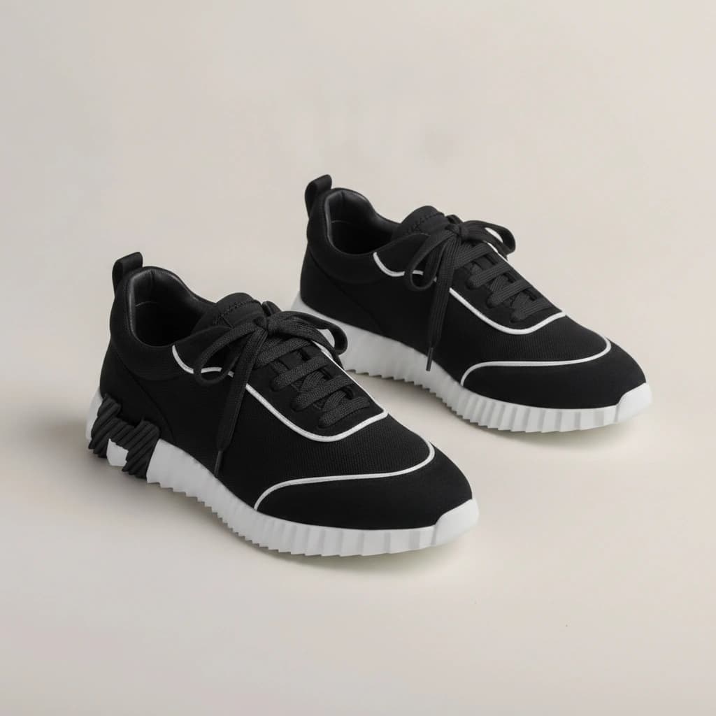 Hermès Bouncing noir, la paire vue de trois quarts sur fond gris clair.