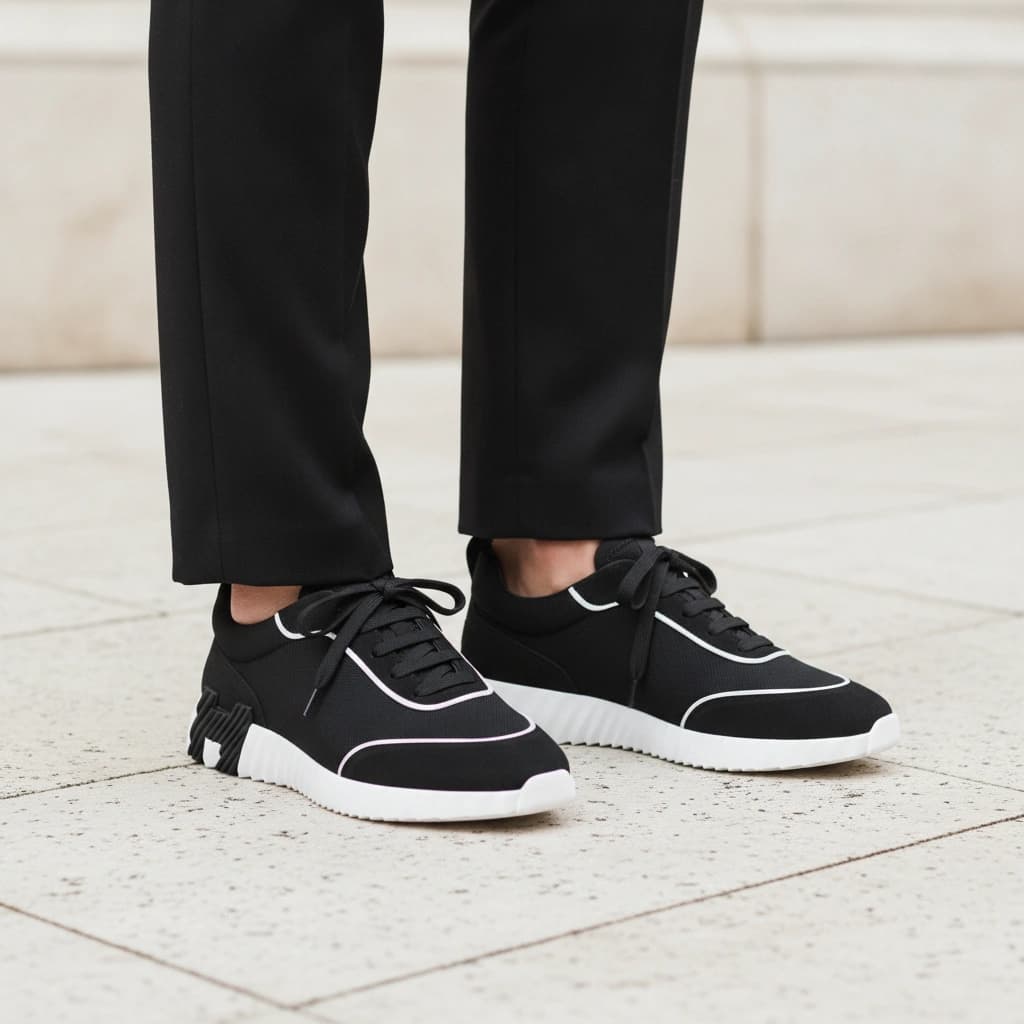 Hermès Bouncing noir, portées avec un pantalon noir, cadrées des mollets au sol.