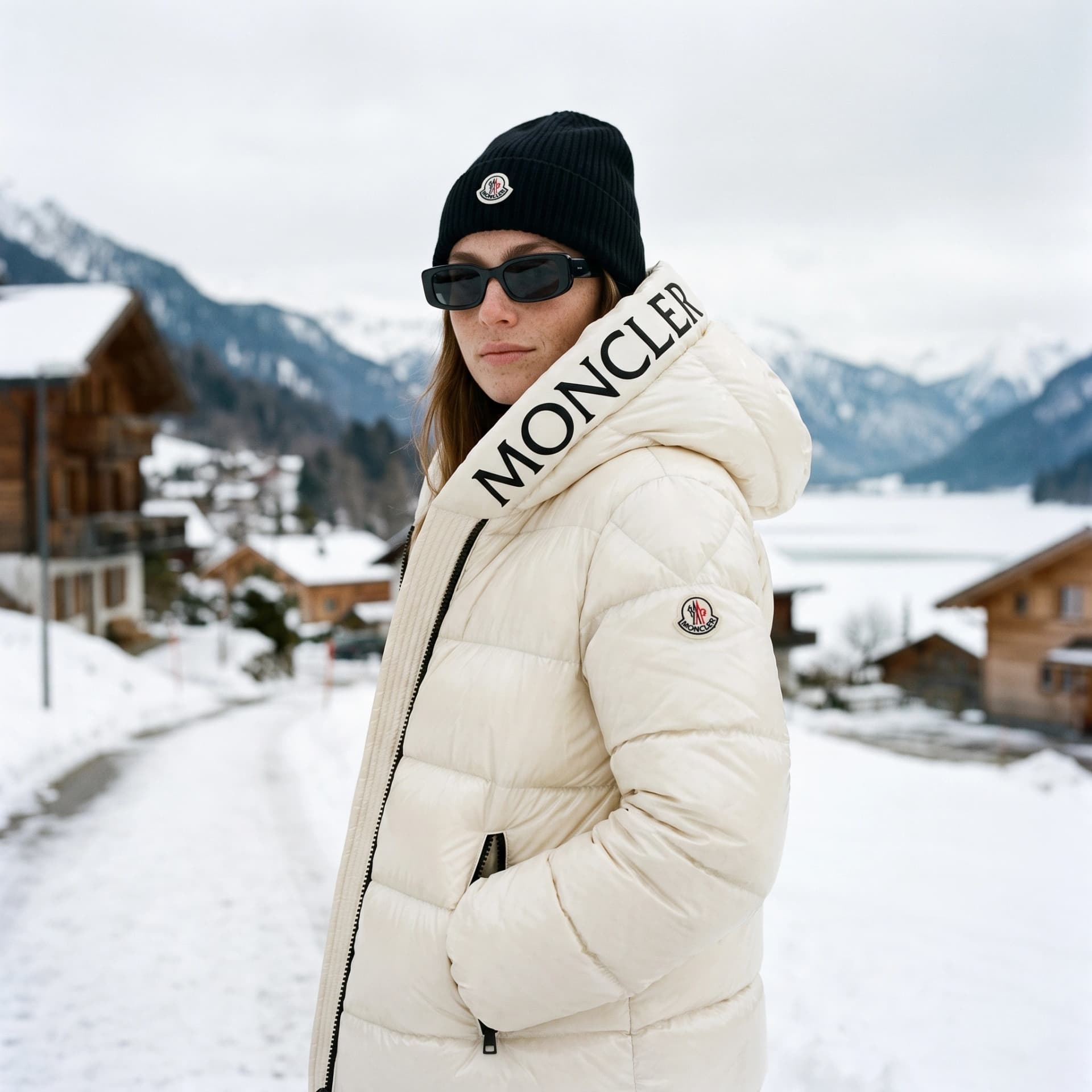 La doudoune blanche portée, col relevé, dans un village de montagne enneigé.