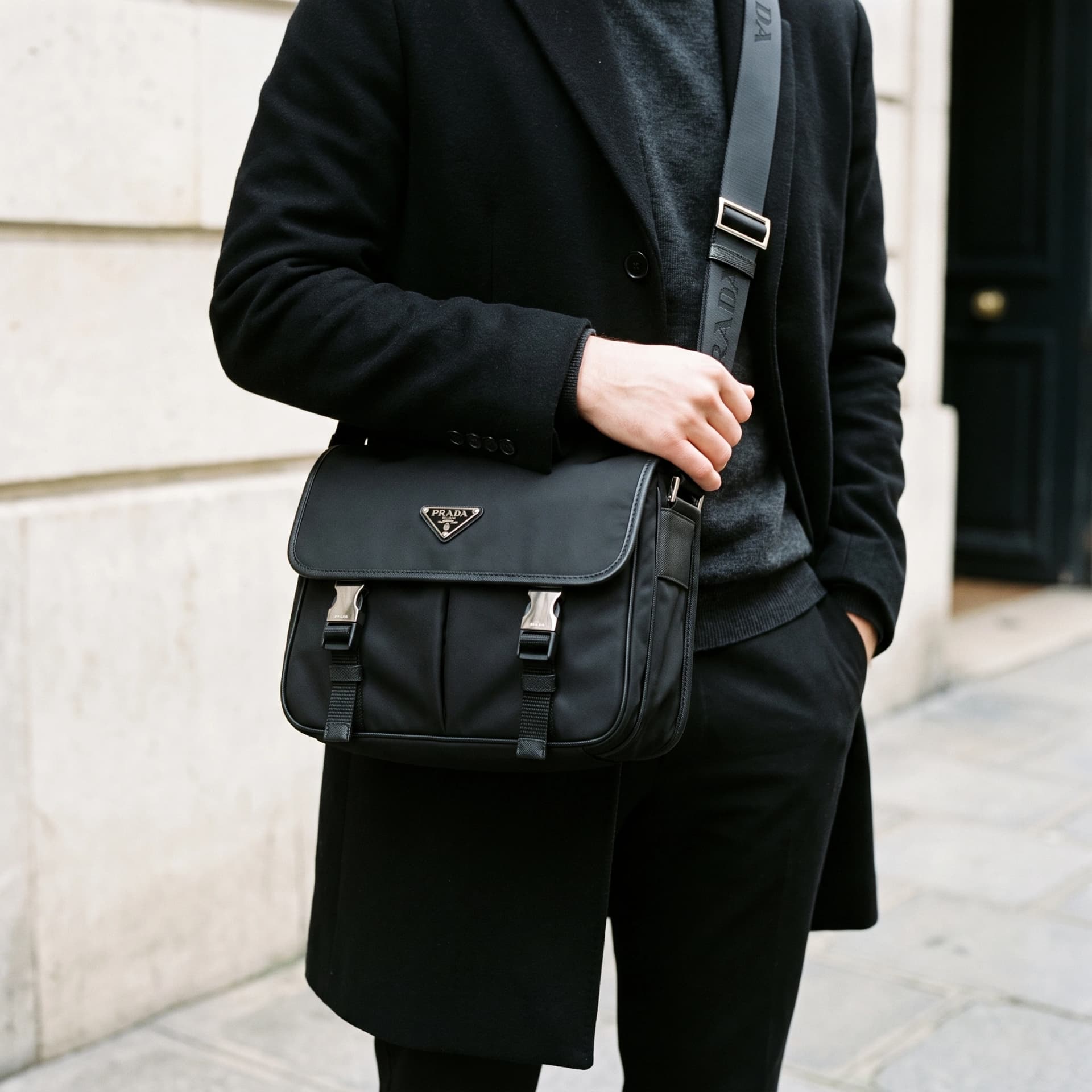 Le messenger Prada porté en bandoulière sur un manteau noir, cadré sans visage.